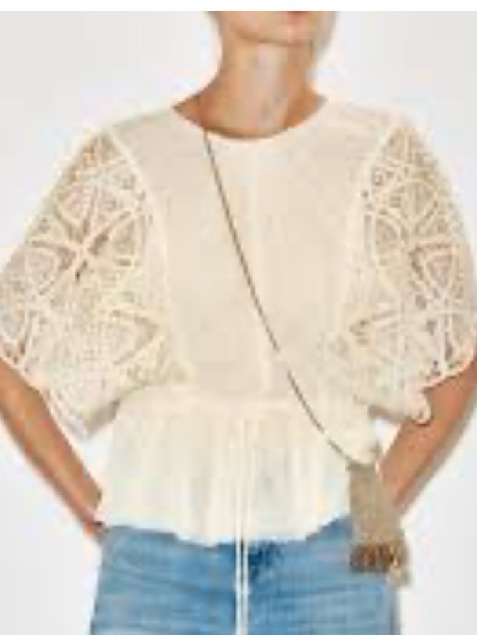 Zara Cream Crochet Balloon-Sleeve Peplum Top